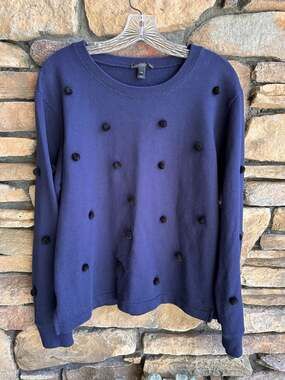 J.Crew Women's Pom Pom Cotton Pullover Sweatshirt Navy Blue Size Medium